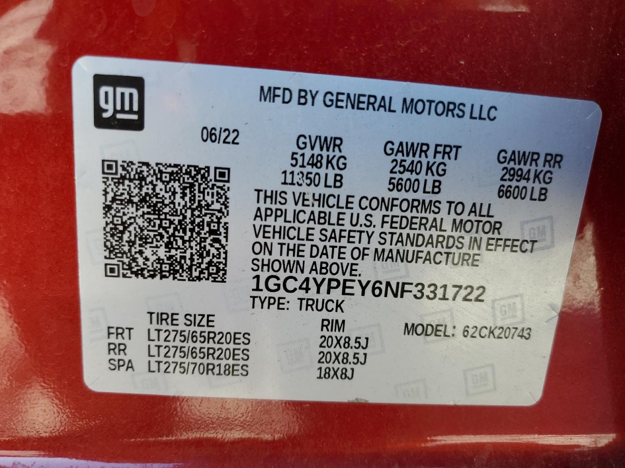 2022 CHEVROLET SILVERADO K2500 HEAVY DUTY LTZ VIN:1GC4YPEY6NF331722