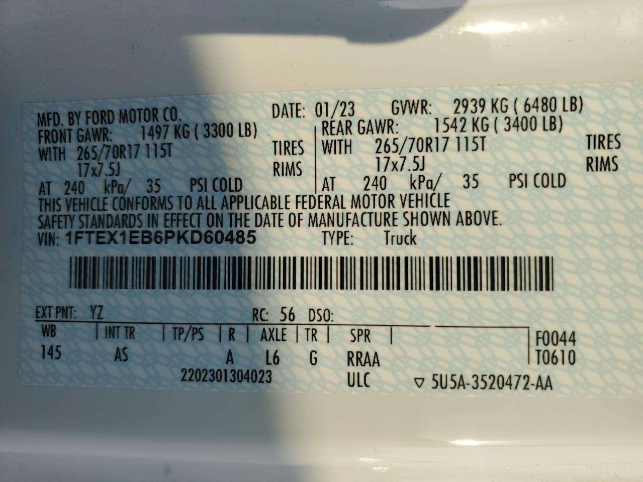 2023 FORD F150 SUPER CAB VIN:1FTEX1EB6PKD60485