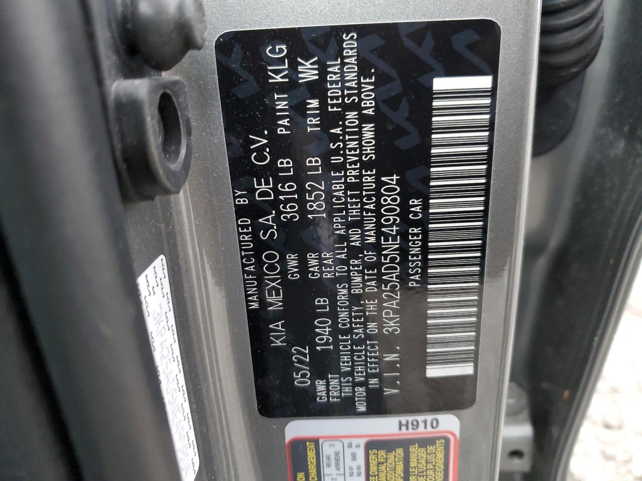 2022 KIA RIO S VIN:WP0AA2A8XNS255297
