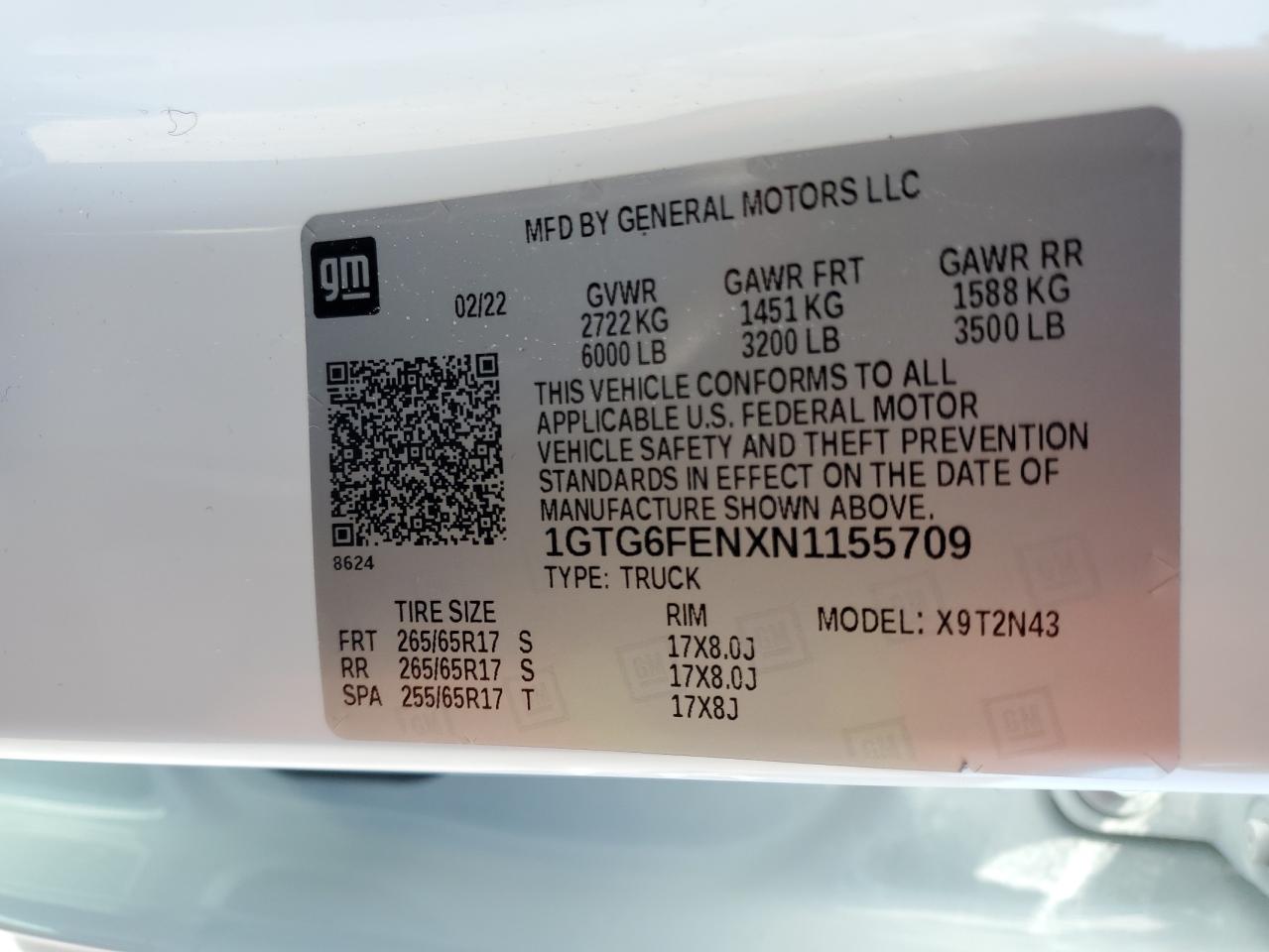 2022 GMC CANYON AT4 VIN:1GTG6FENXN1155709
