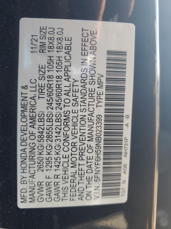 2022 HONDA PILOT EXL VIN:5FNYF6H59NB023399