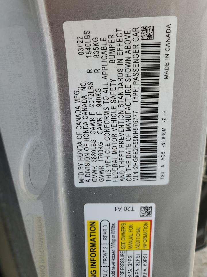 2022 HONDA CIVIC SPORT VIN:2HGFE2F55NH576777