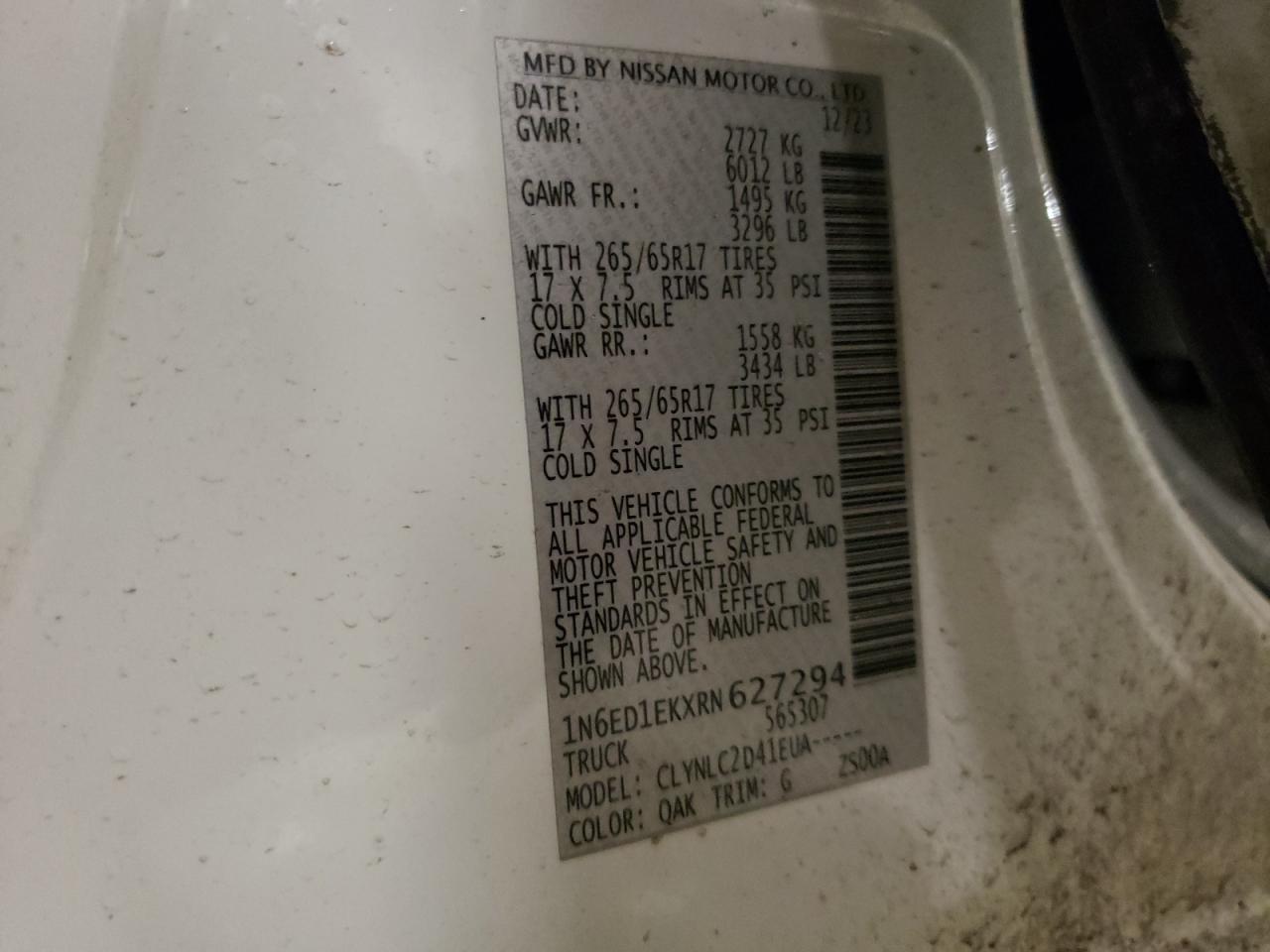 2024 NISSAN FRONTIER S VIN:1N6ED1EKXRN627294