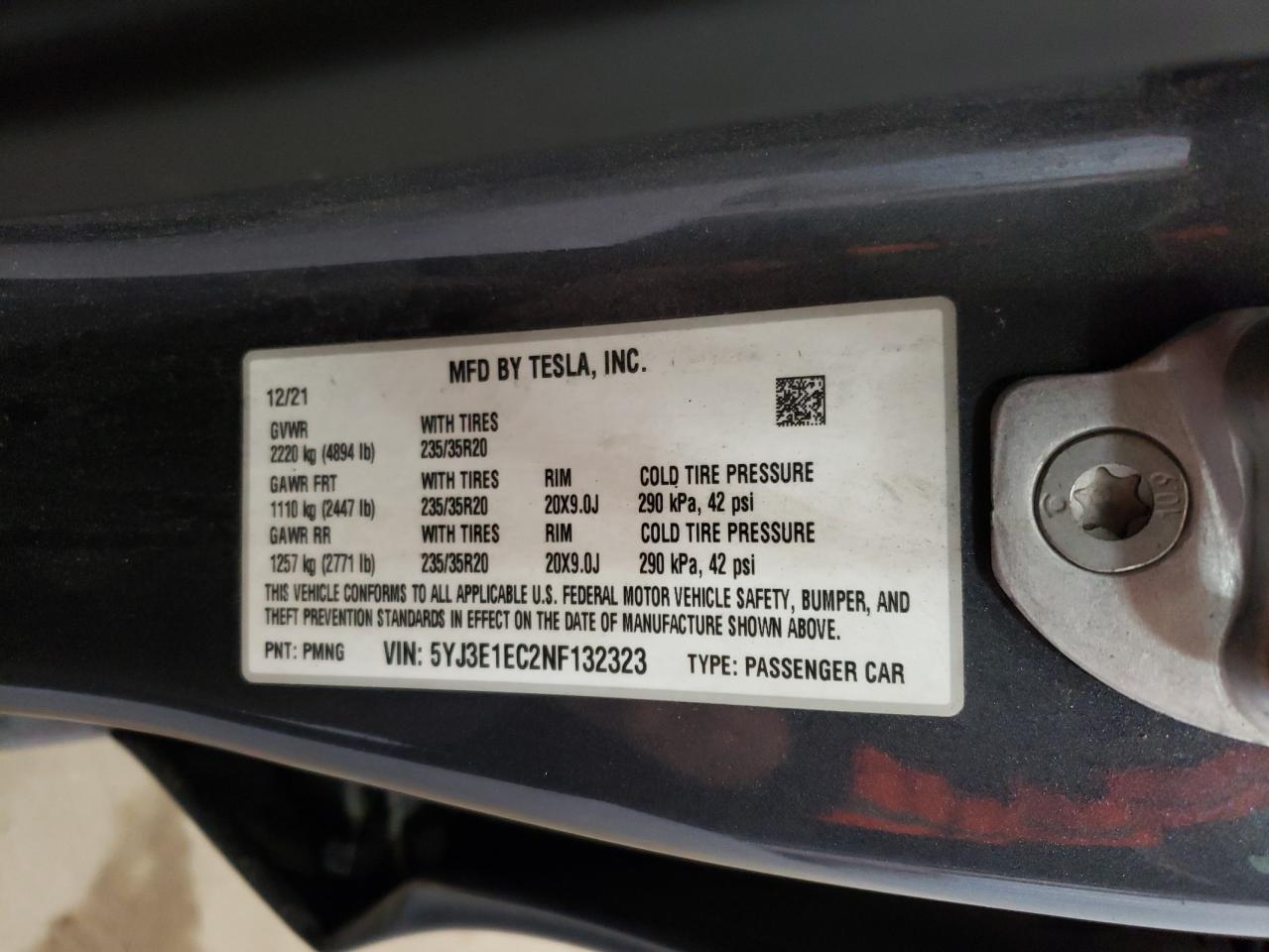 2022 TESLA MODEL 3  VIN:5YJ3E1EC2NF132323