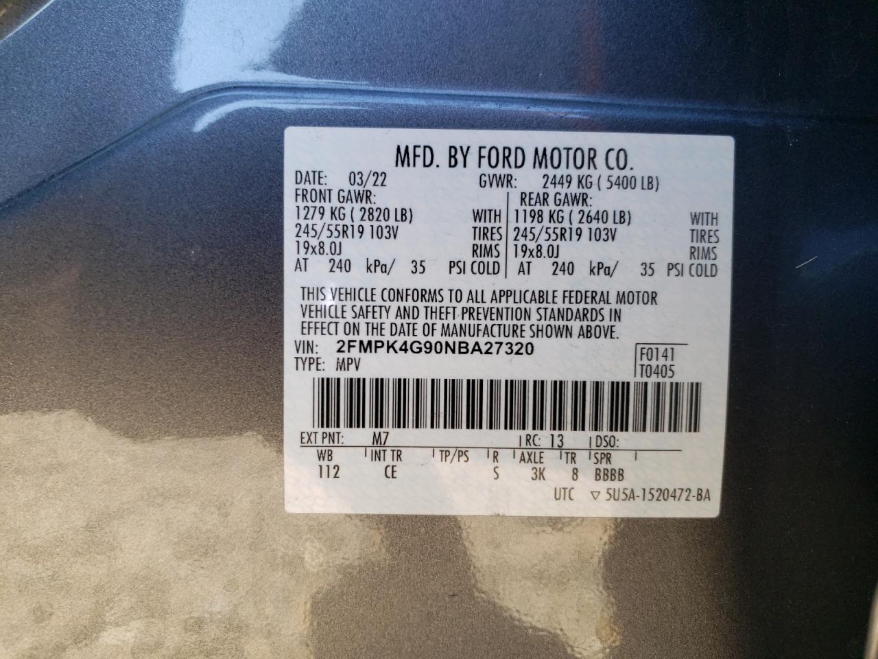 2022 FORD EDGE SE VIN:2FMPK4G90NBA27320