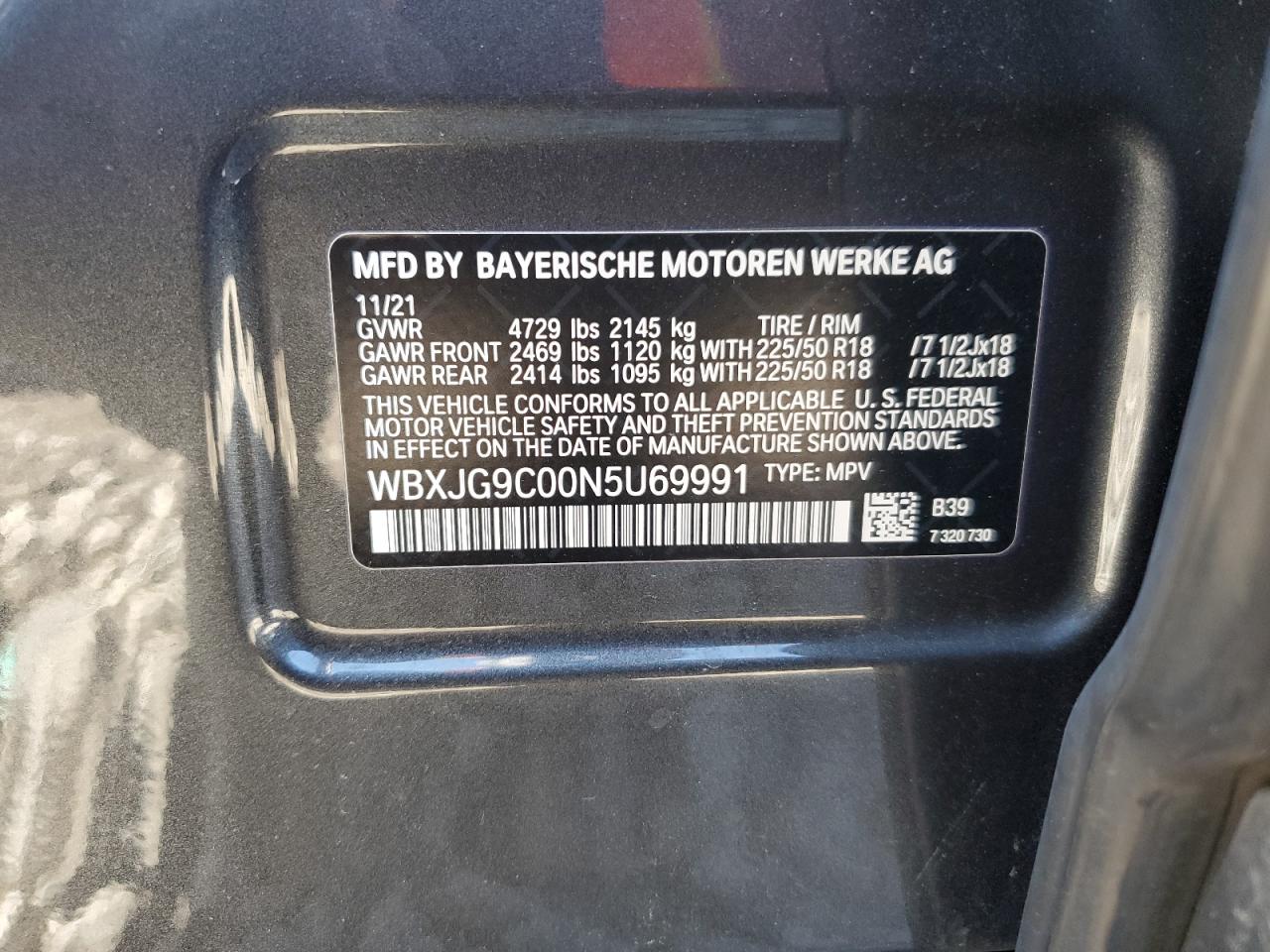 2022 BMW X1 XDRIVE28I VIN:WBXJG9C00N5U69991