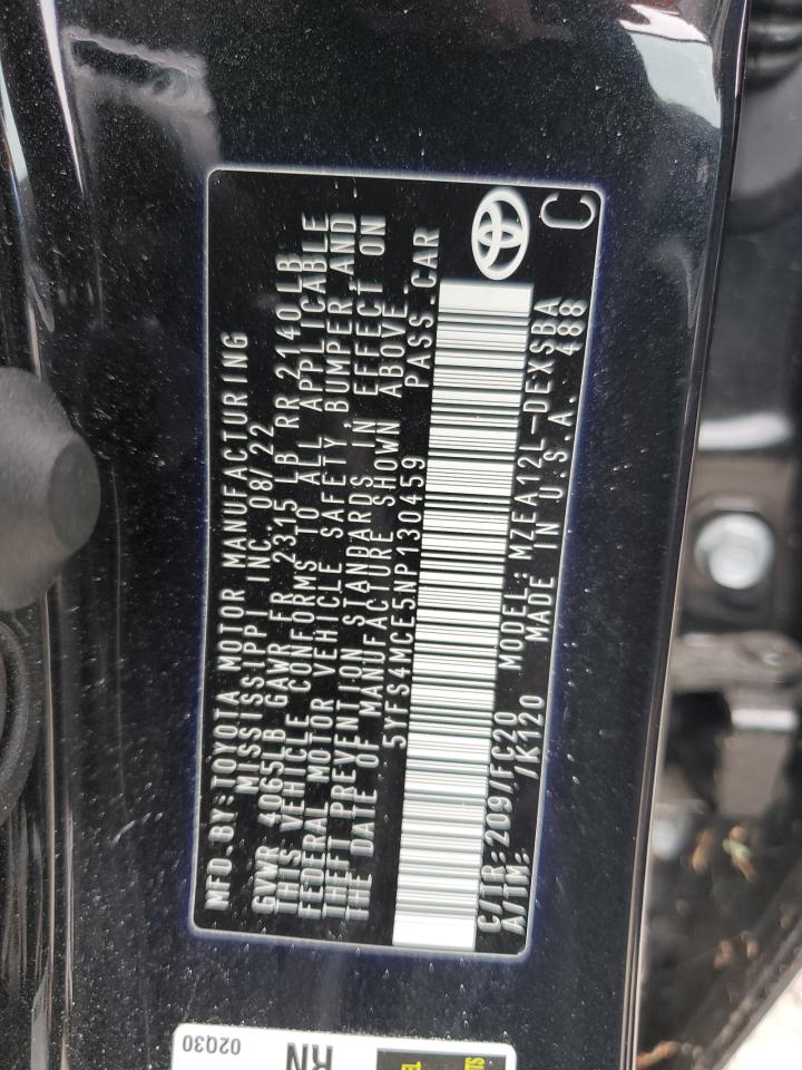 2022 TOYOTA COROLLA SE VIN:5YFS4MCE5NP130459