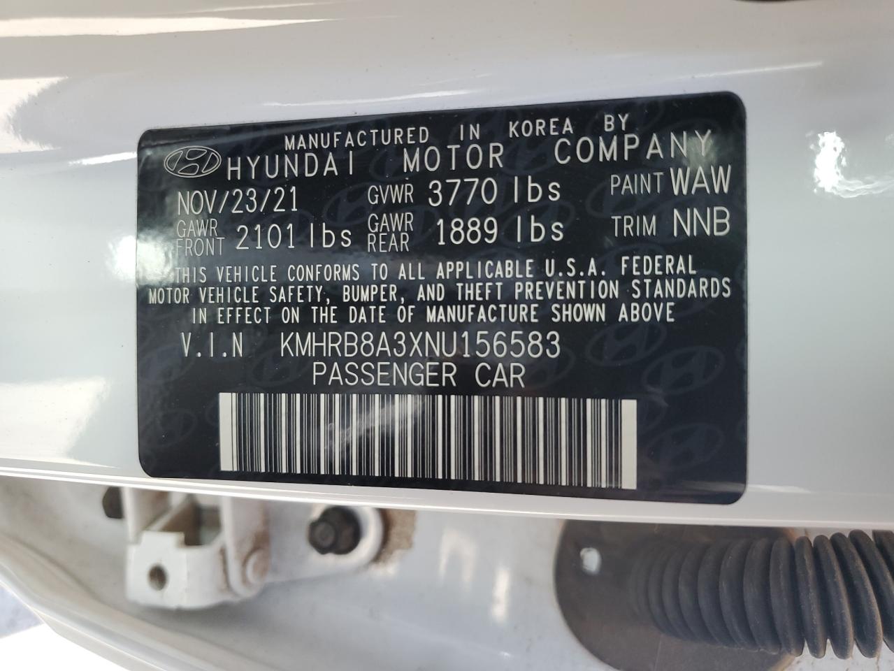 2022 HYUNDAI VENUE SE VIN:KMHRB8A3XNU156583