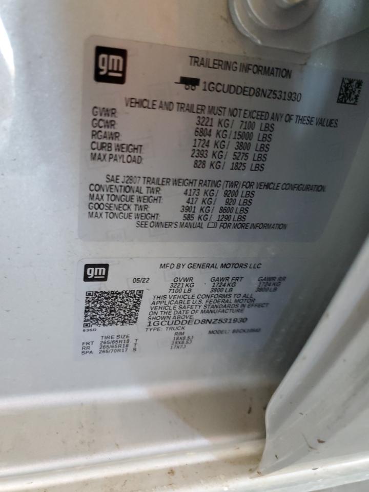 2022 CHEVROLET SILVERADO K1500 LT VIN:1GCUDDED8NZ531930