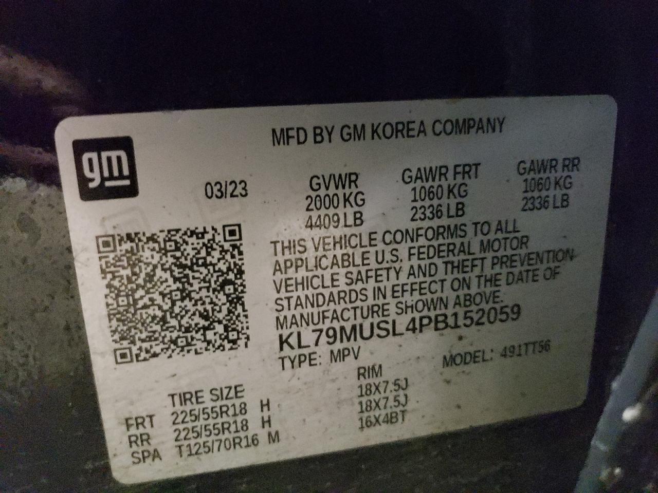 2023 CHEVROLET TRAILBLAZER RS VIN:KL79MUSL4PB152059