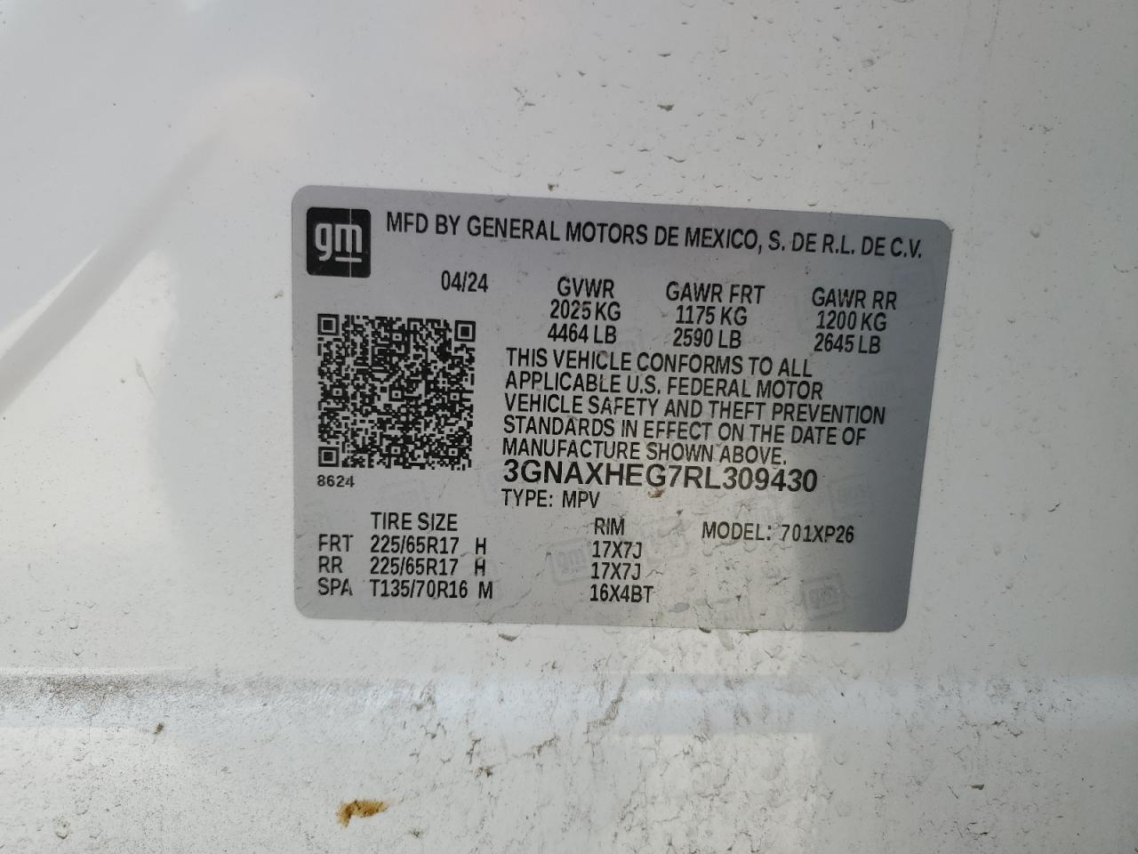 2024 CHEVROLET EQUINOX LS VIN:3GNAXHEG7RL309430