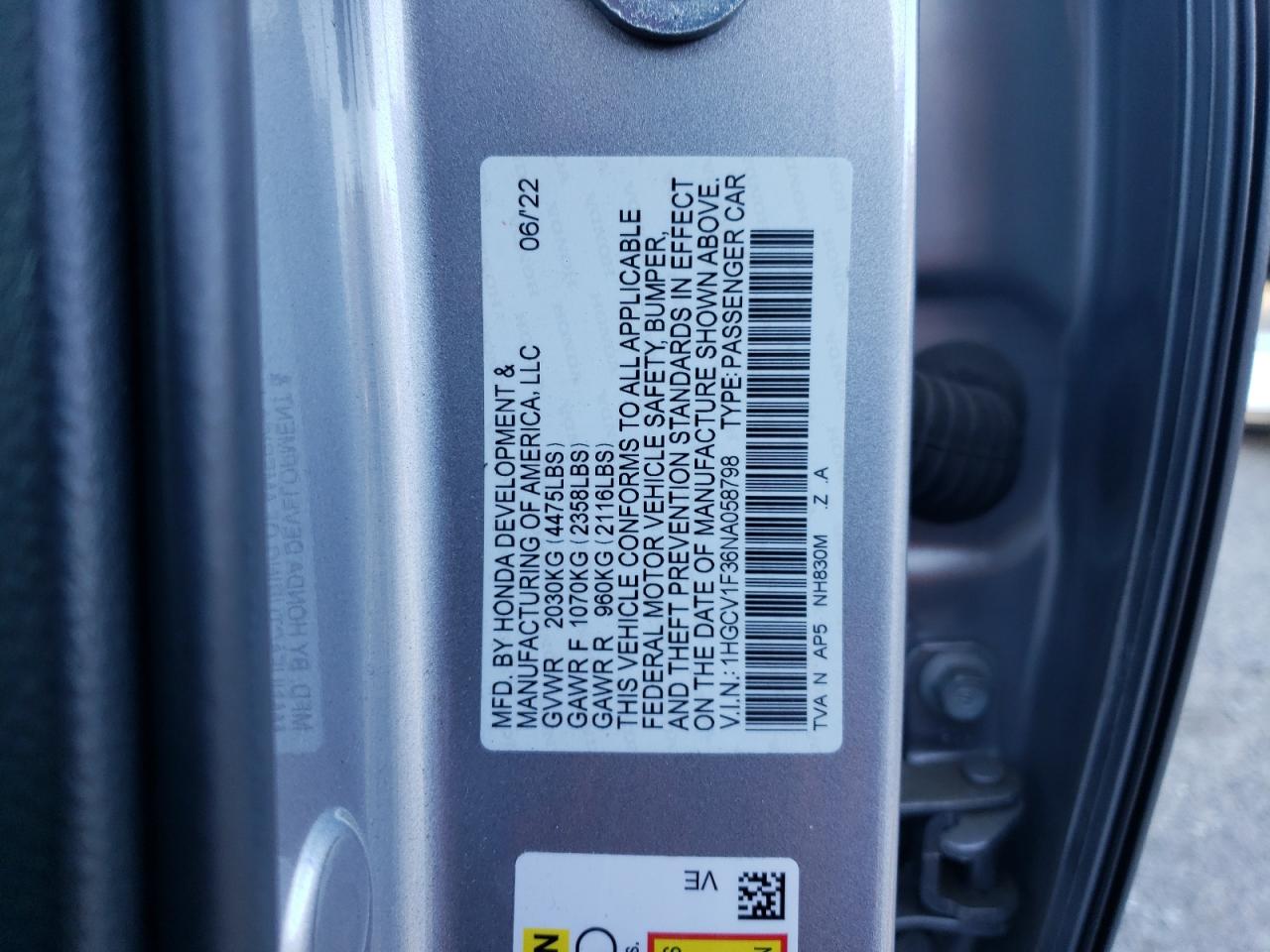 2022 HONDA ACCORD SPORT VIN:1HGCV1F36NA058798