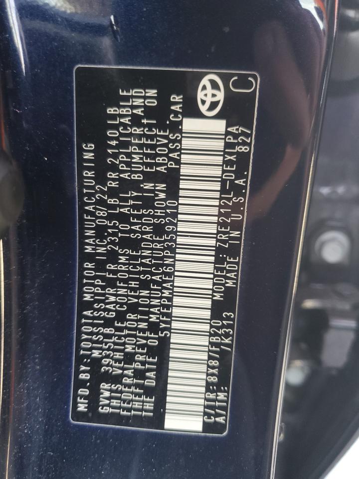 2022 TOYOTA COROLLA LE VIN:5YFEPMAE6NP359210