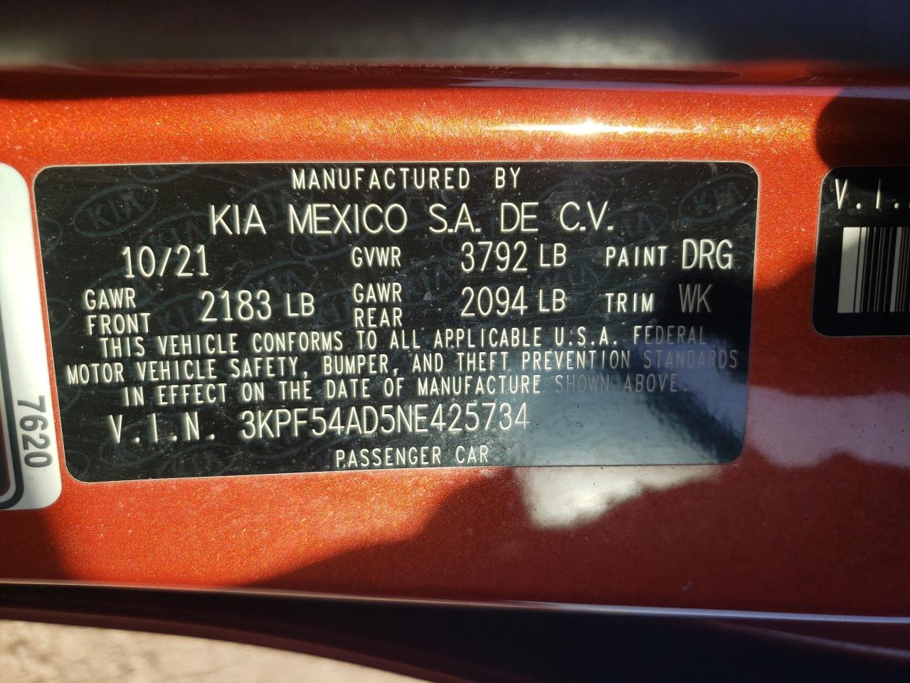 2022 KIA FORTE GT LINE VIN:3KPF54AD5NE425734