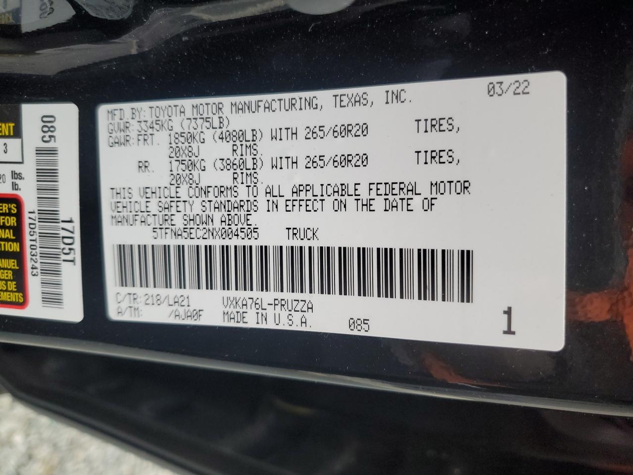 2022 TOYOTA TUNDRA CREWMAX PLATINUM VIN:5TFNA5EC2NX004505