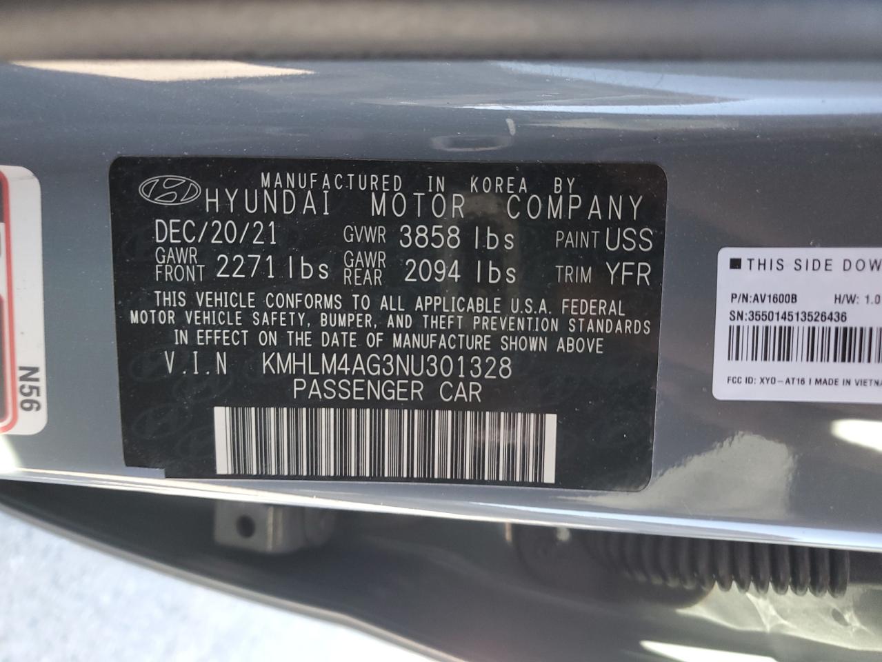 2022 HYUNDAI ELANTRA SEL VIN:KMHLM4AG3NU301328