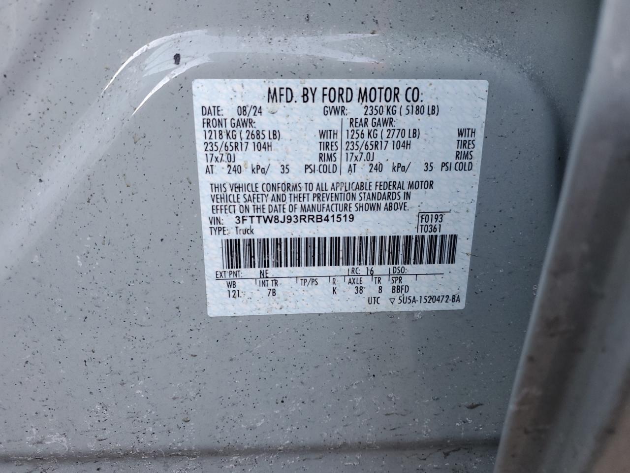 2024 FORD MAVERICK XLT VIN:3FTTW8J93RRB41519