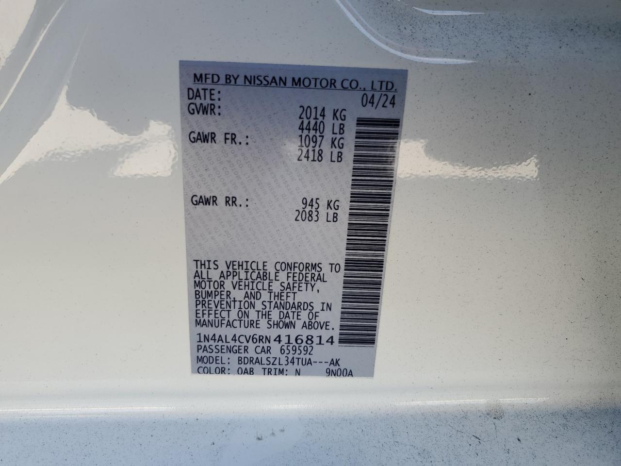 2024 NISSAN ALTIMA SR VIN:1N4AL4CV6RN416814