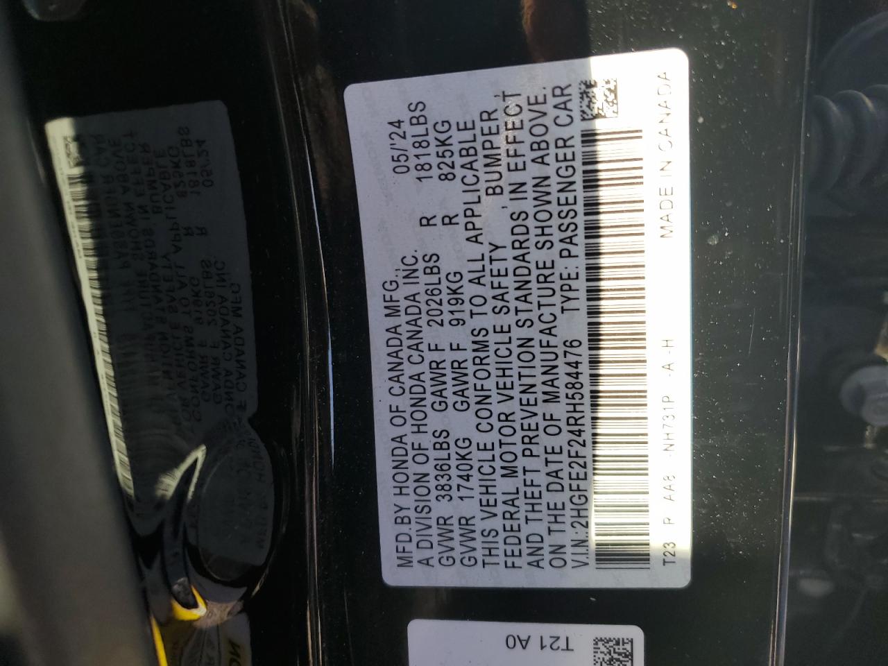 2024 HONDA CIVIC LX VIN:2HGFE2F24RH584476