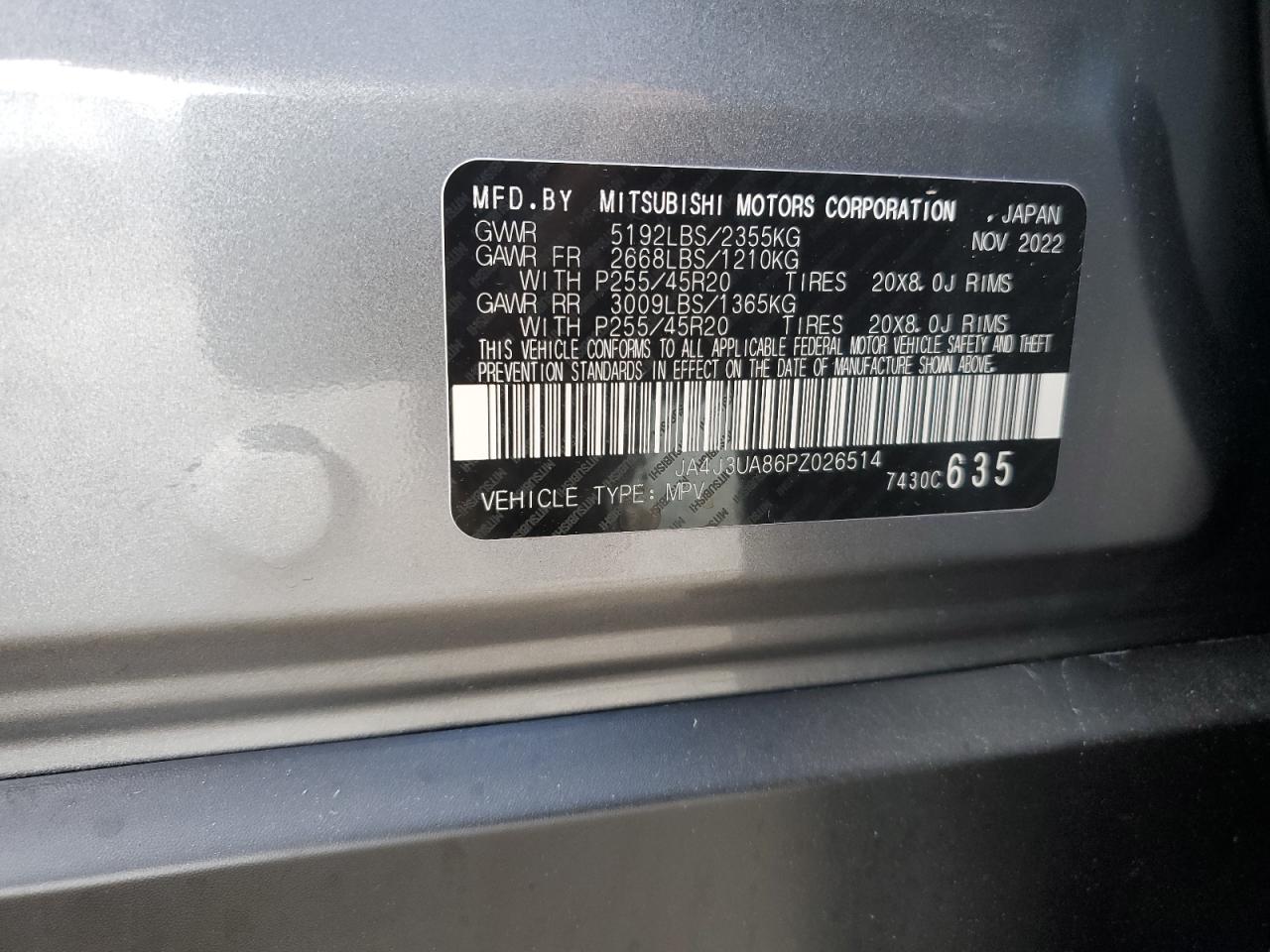 2023 MITSUBISHI OUTLANDER SE VIN:JA4J3UA86PZ026514