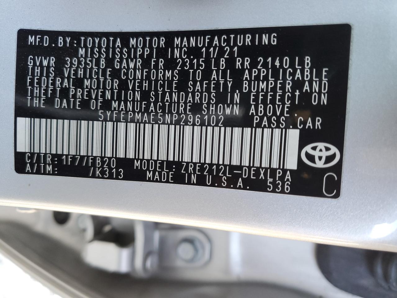 2022 TOYOTA COROLLA LE VIN:5YFEPMAE5NP296102