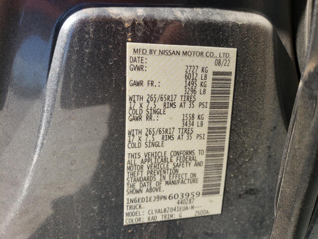 2023 NISSAN FRONTIER S VIN:1N6ED1EJ9PN603959