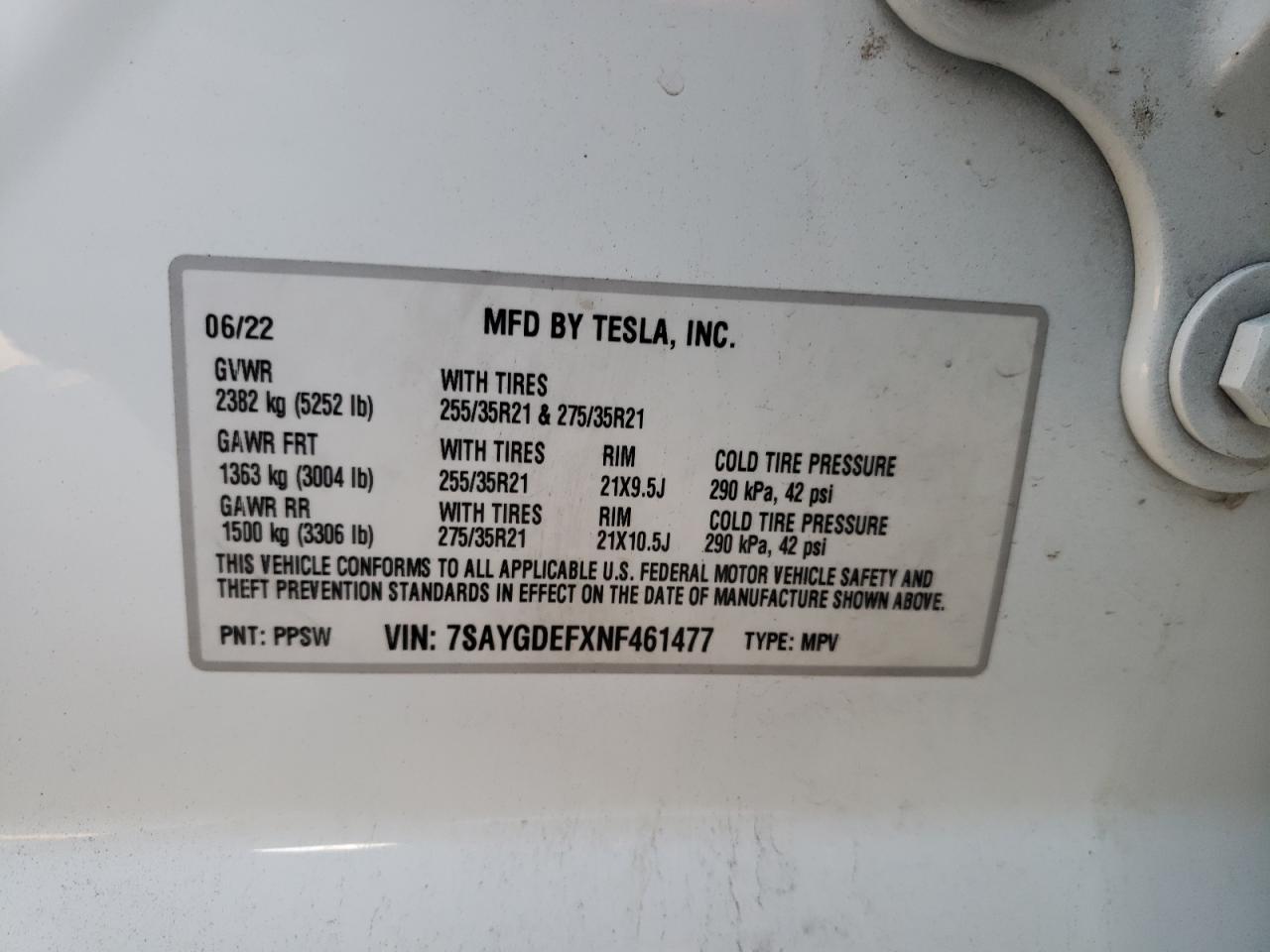 2022 TESLA MODEL Y  VIN:7SAYGDEFXNF461477