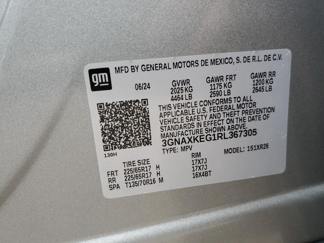 2024 CHEVROLET EQUINOX LT VIN:3GNAXKEG1RL367305