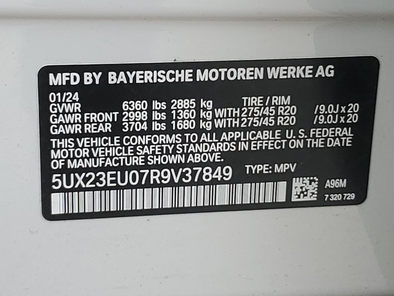 2024 BMW X5 XDRIVE40I VIN:5UX23EU07R9V37849