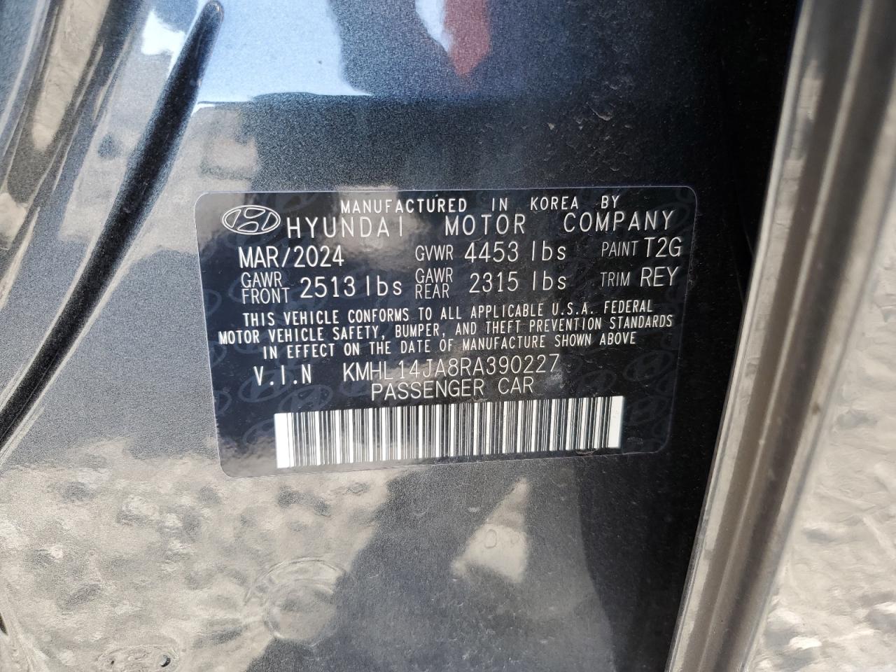 2024 HYUNDAI SONATA SEL VIN:KMHL14JA8RA390227