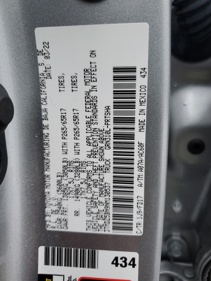 2022 TOYOTA TACOMA DOUBLE CAB VIN:1FADP3J22DL195950