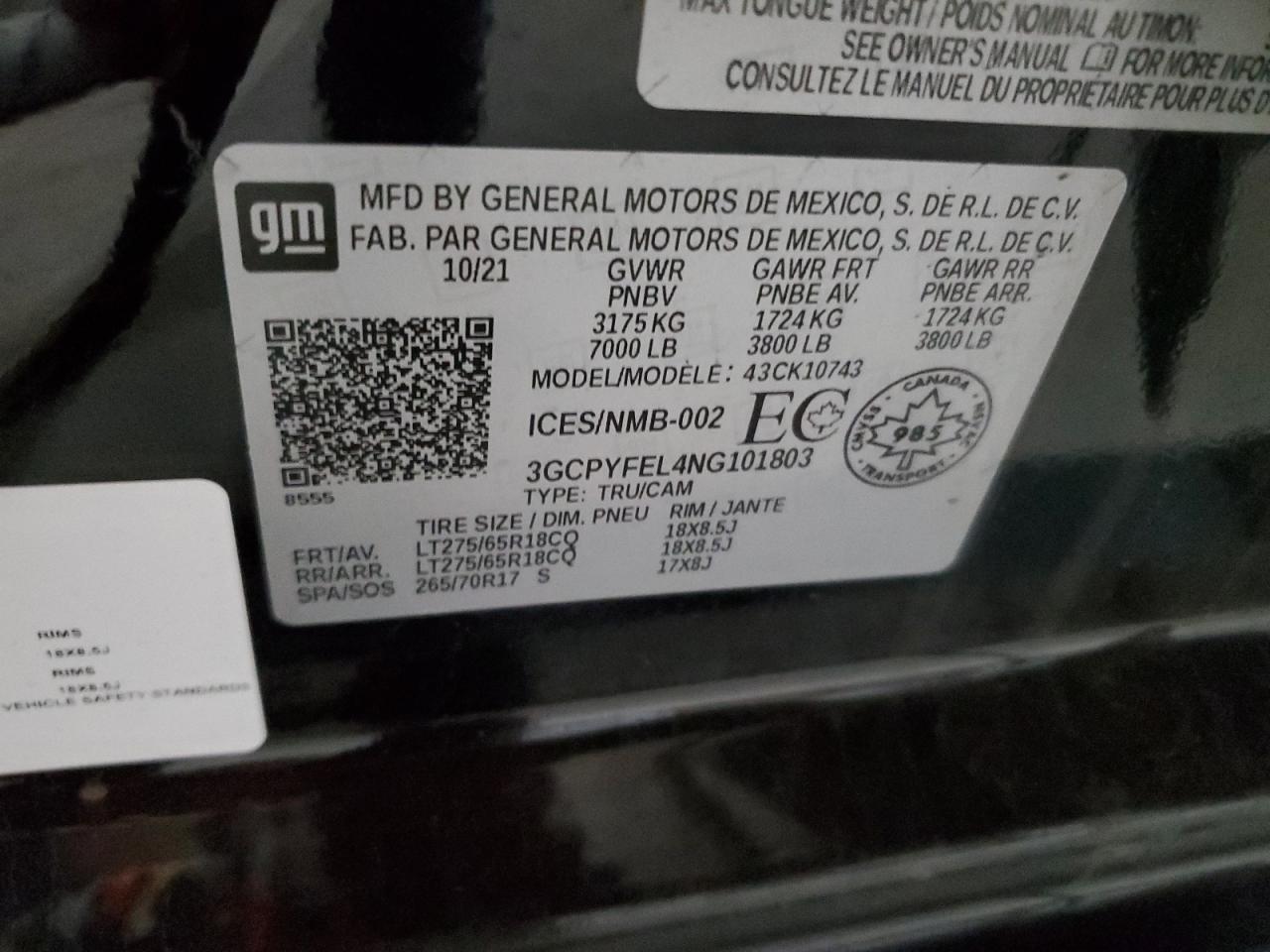 2022 CHEVROLET SILVERADO LTD K1500 LT TRAIL BOSS VIN:3GCPYFEL4NG101803