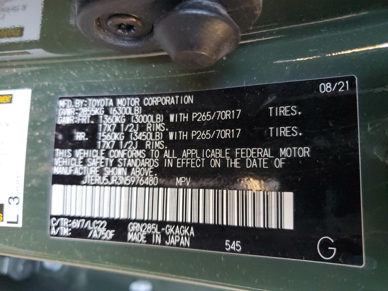 2022 TOYOTA 4RUNNER SR5 PREMIUM VIN:JTERU5JR3N5976480