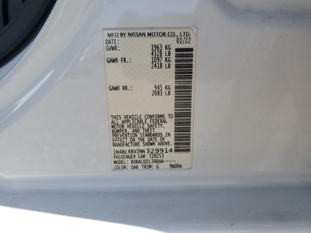 2022 NISSAN ALTIMA S VIN:1N4BL4BV2NN329914