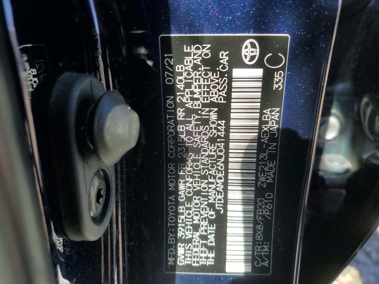 2022 TOYOTA COROLLA LE VIN:JTDEAMDE6NJ041444