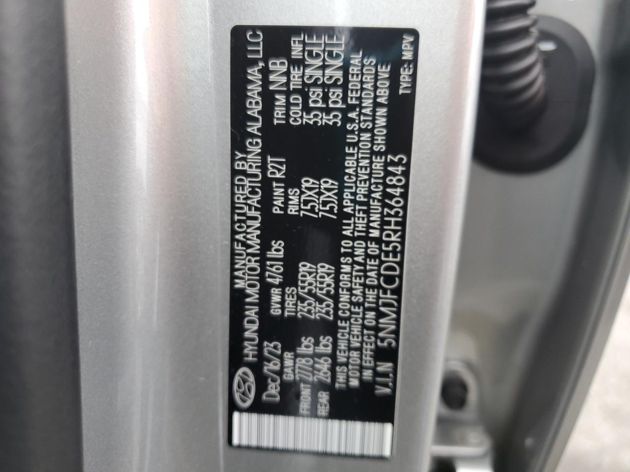 2024 HYUNDAI TUCSON SEL VIN:5NMJFCDE5RH364843
