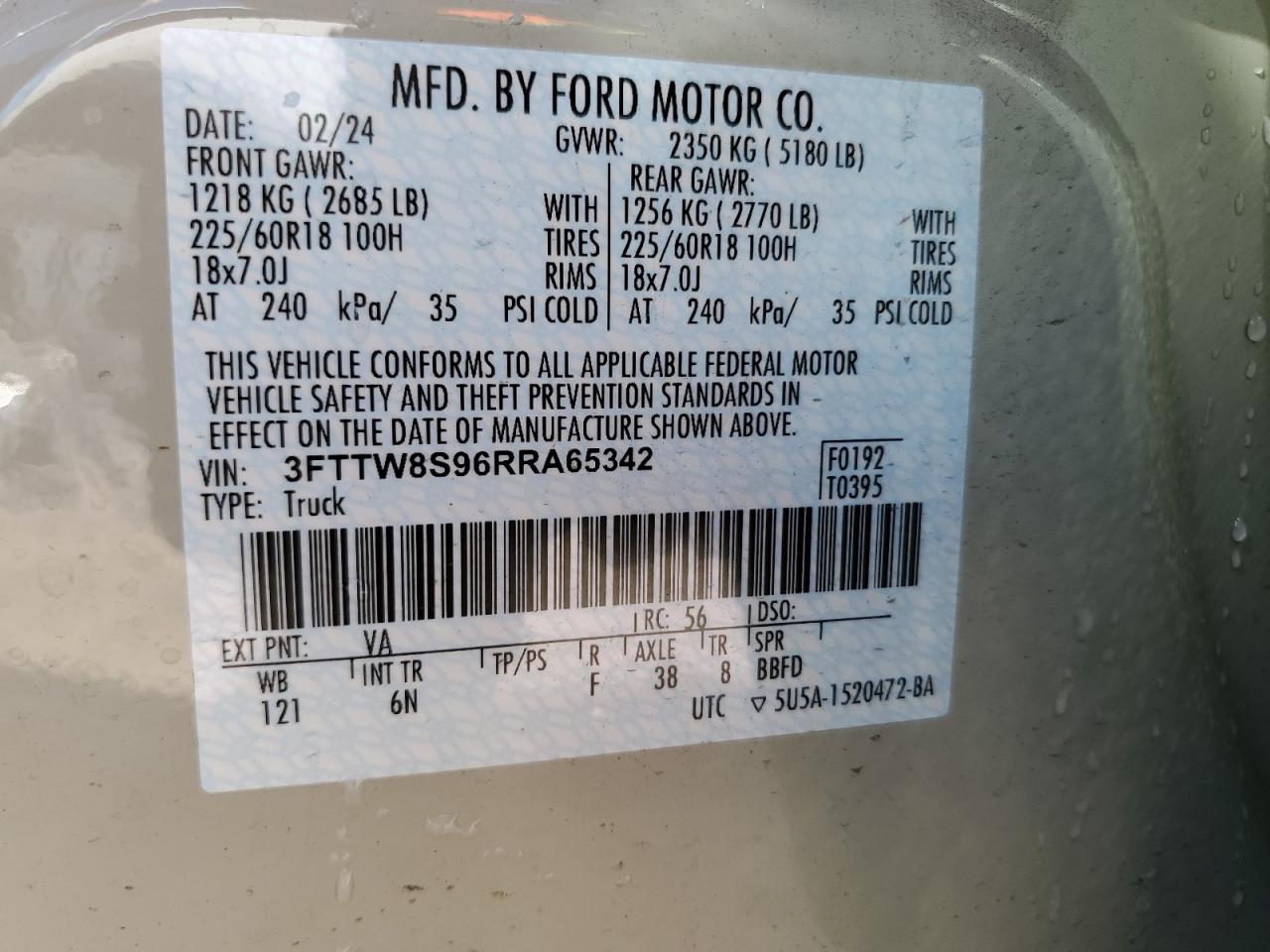2024 FORD MAVERICK LARIAT VIN:3FTTW8S96RRA65342