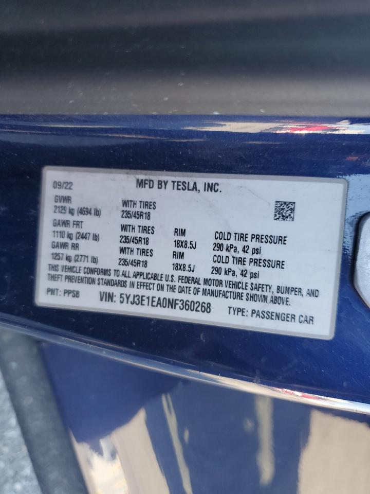 2022 TESLA MODEL 3  VIN:5YJ3E1EA0NF360268