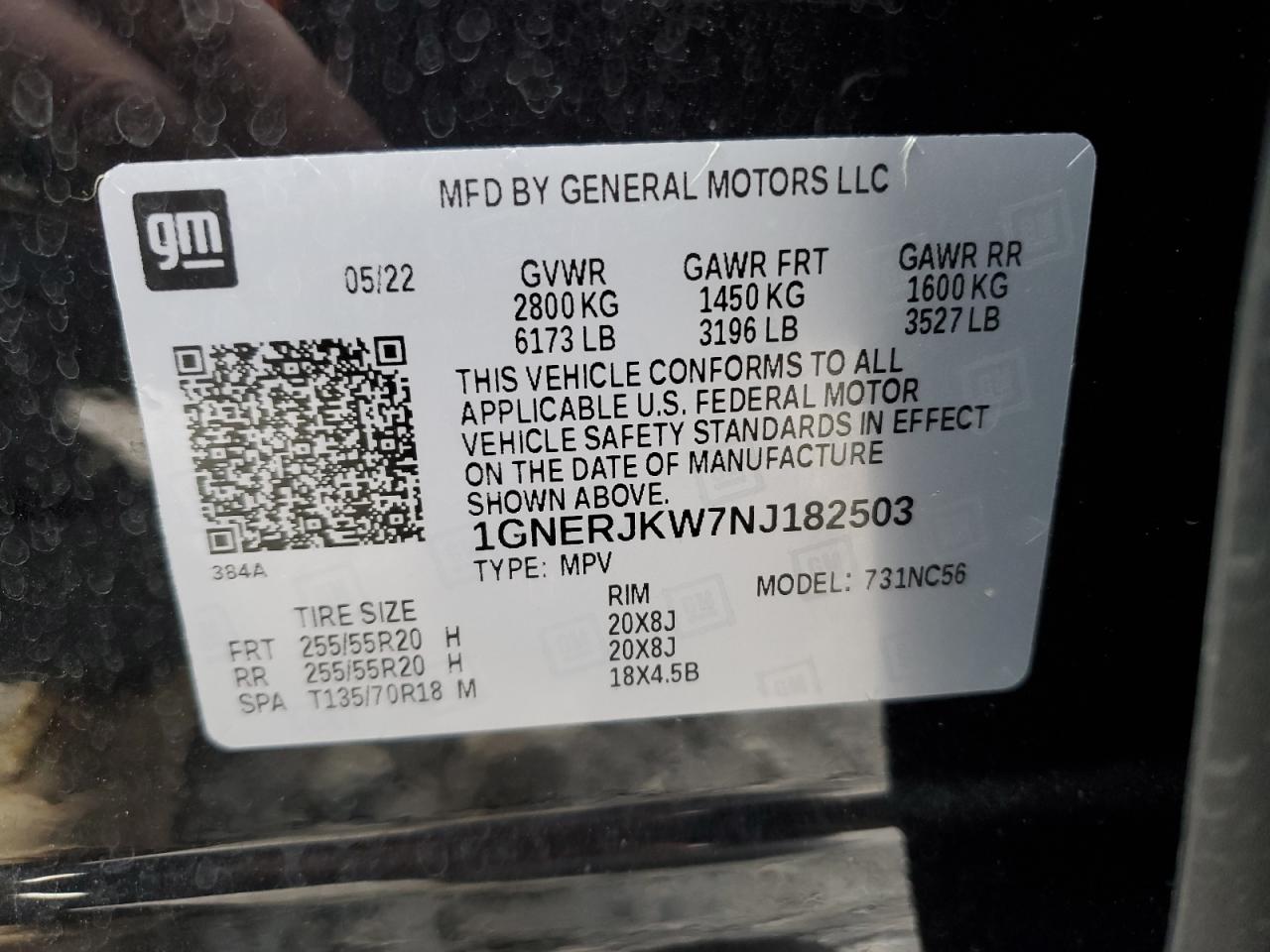 2022 CHEVROLET TRAVERSE RS VIN:1GNERJKW7NJ182503