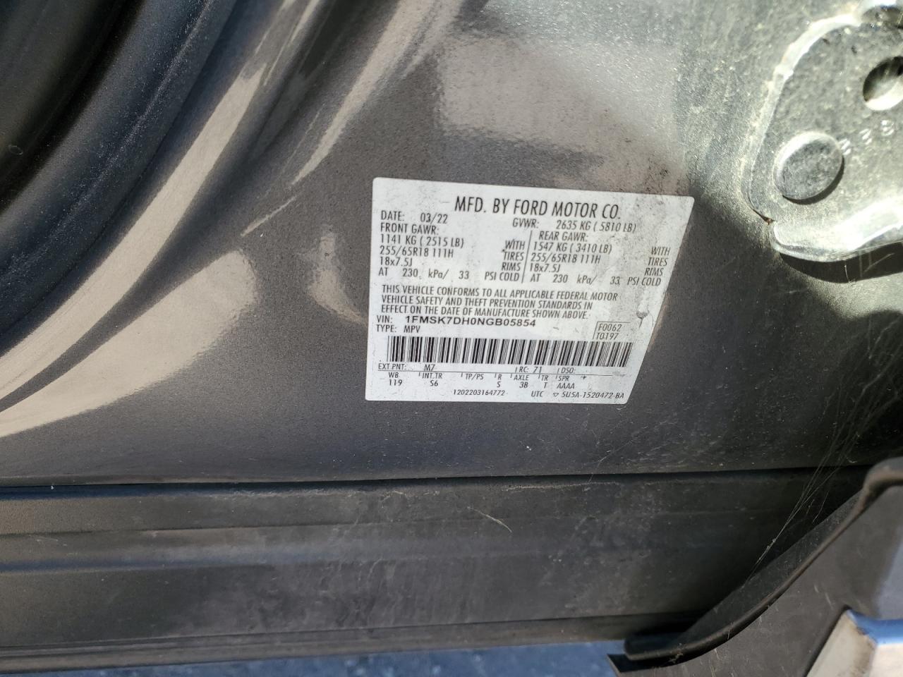 2022 FORD EXPLORER XLT VIN:1FMSK7DH0NGB05854