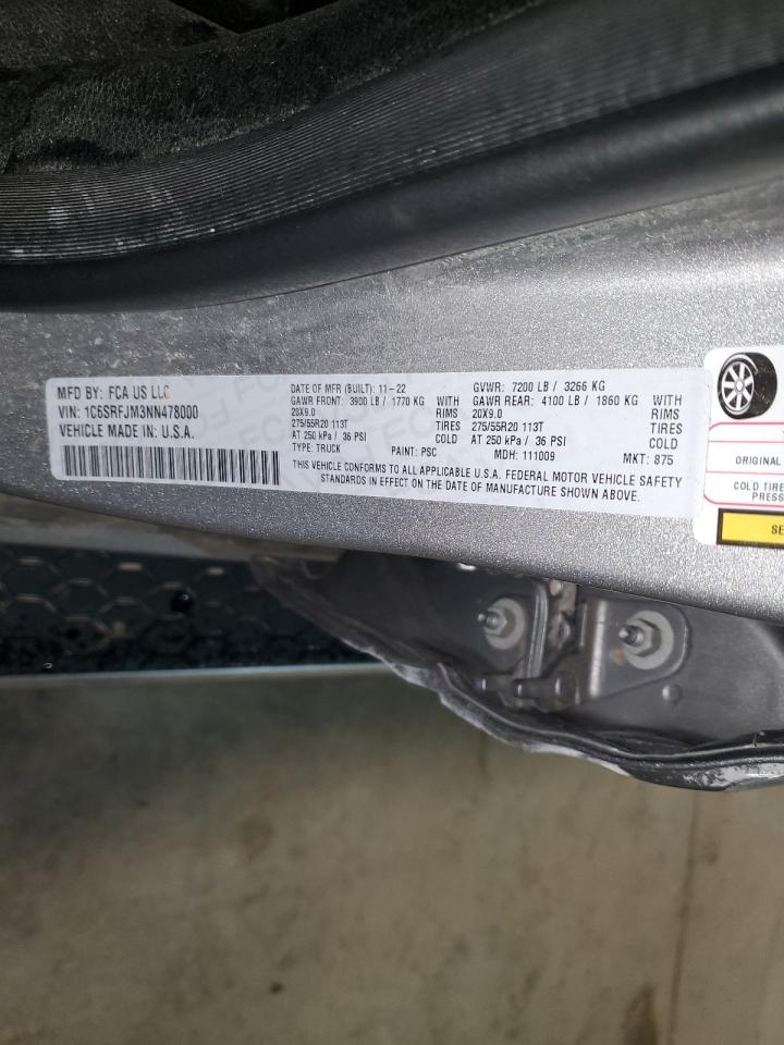 2022 RAM 1500 LARAMIE VIN:1C6SRFJM3NN478000