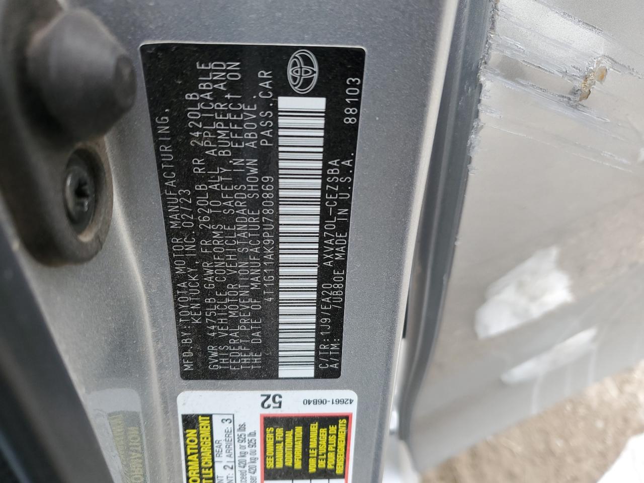 2023 TOYOTA CAMRY SE NIGHT SHADE VIN:4T1G11AK9PU780869