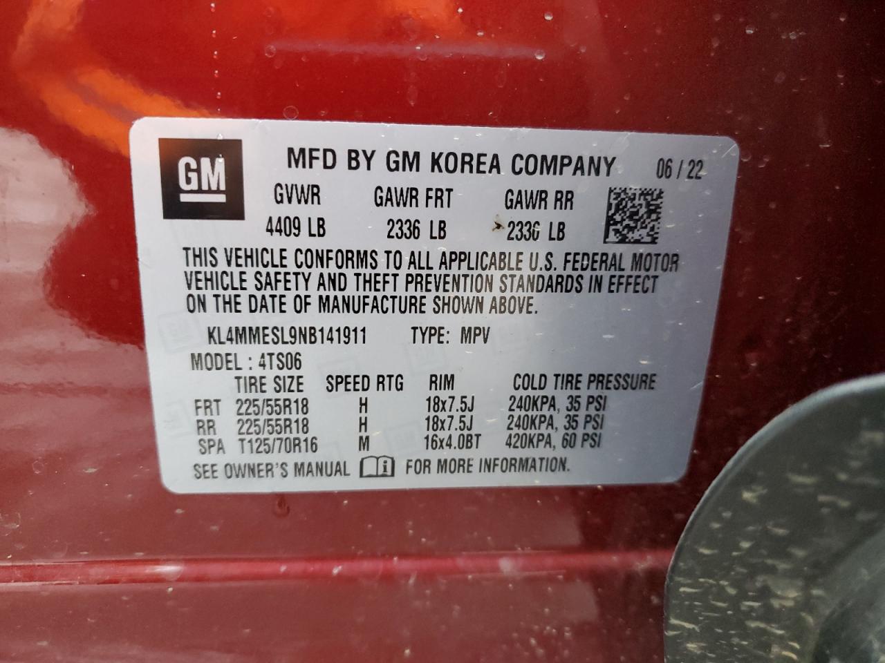 2022 BUICK ENCORE GX SELECT VIN:KL4MMESL9NB141911