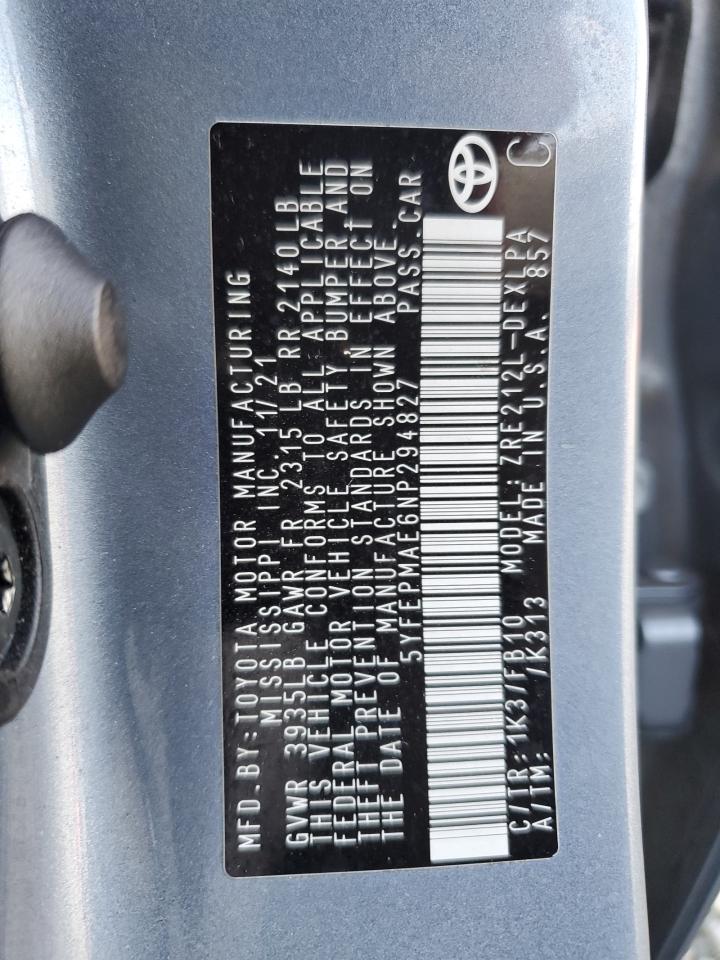 2022 TOYOTA COROLLA LE VIN:5YFEPMAE6NP294827