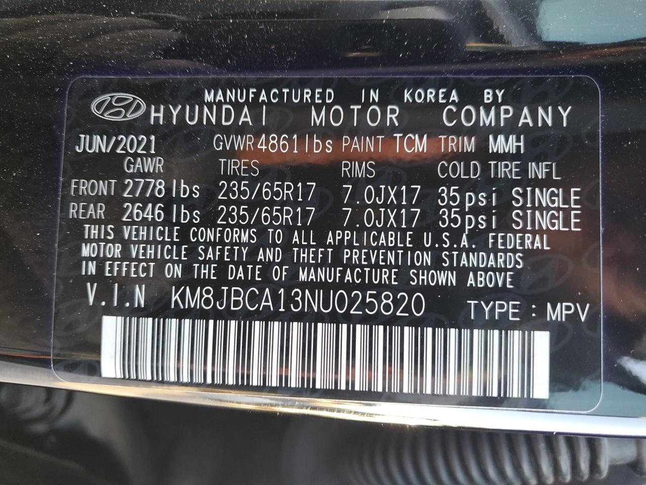 2022 HYUNDAI TUCSON BLUE VIN:KM8JBCA13NU025820