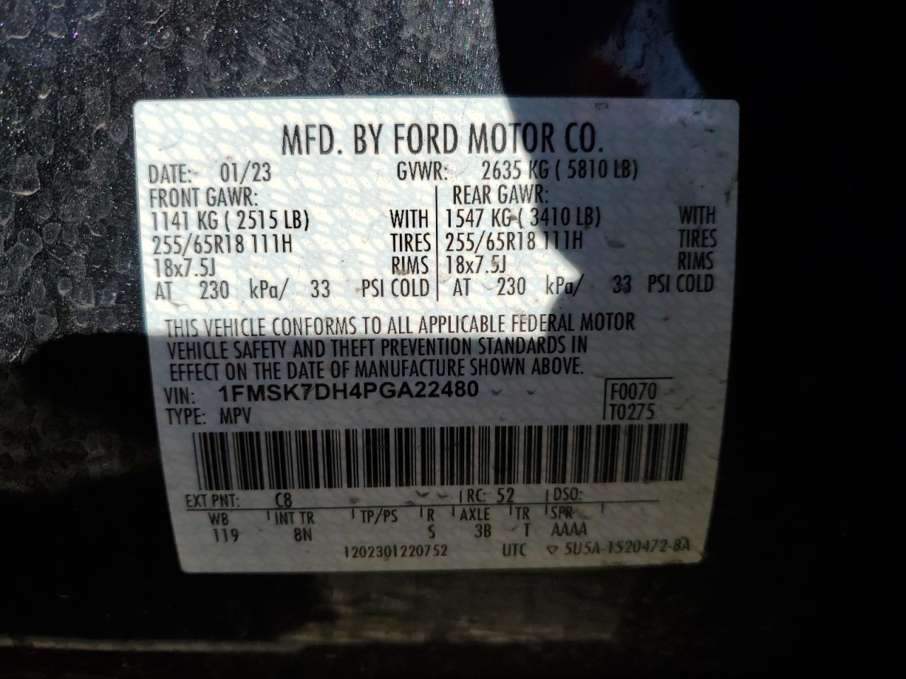 2023 FORD EXPLORER XLT VIN:1FMSK7DH4PGA22480