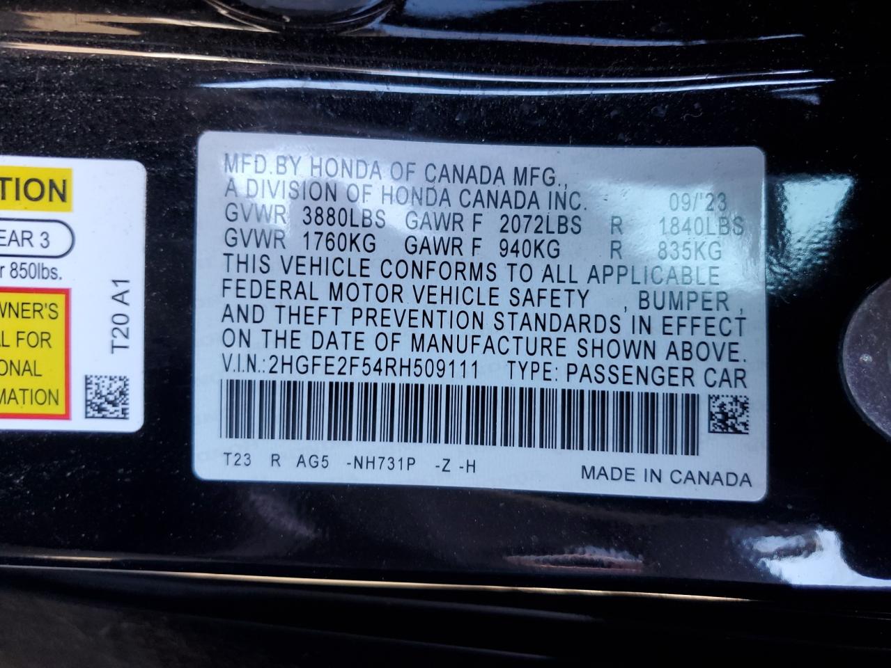 2024 HONDA CIVIC SPORT VIN:2HGFE2F54RH509111