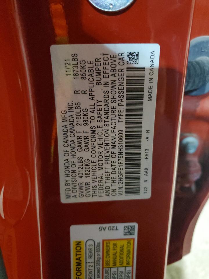 2022 HONDA CIVIC EX VIN:2HGFE1F79NH310609