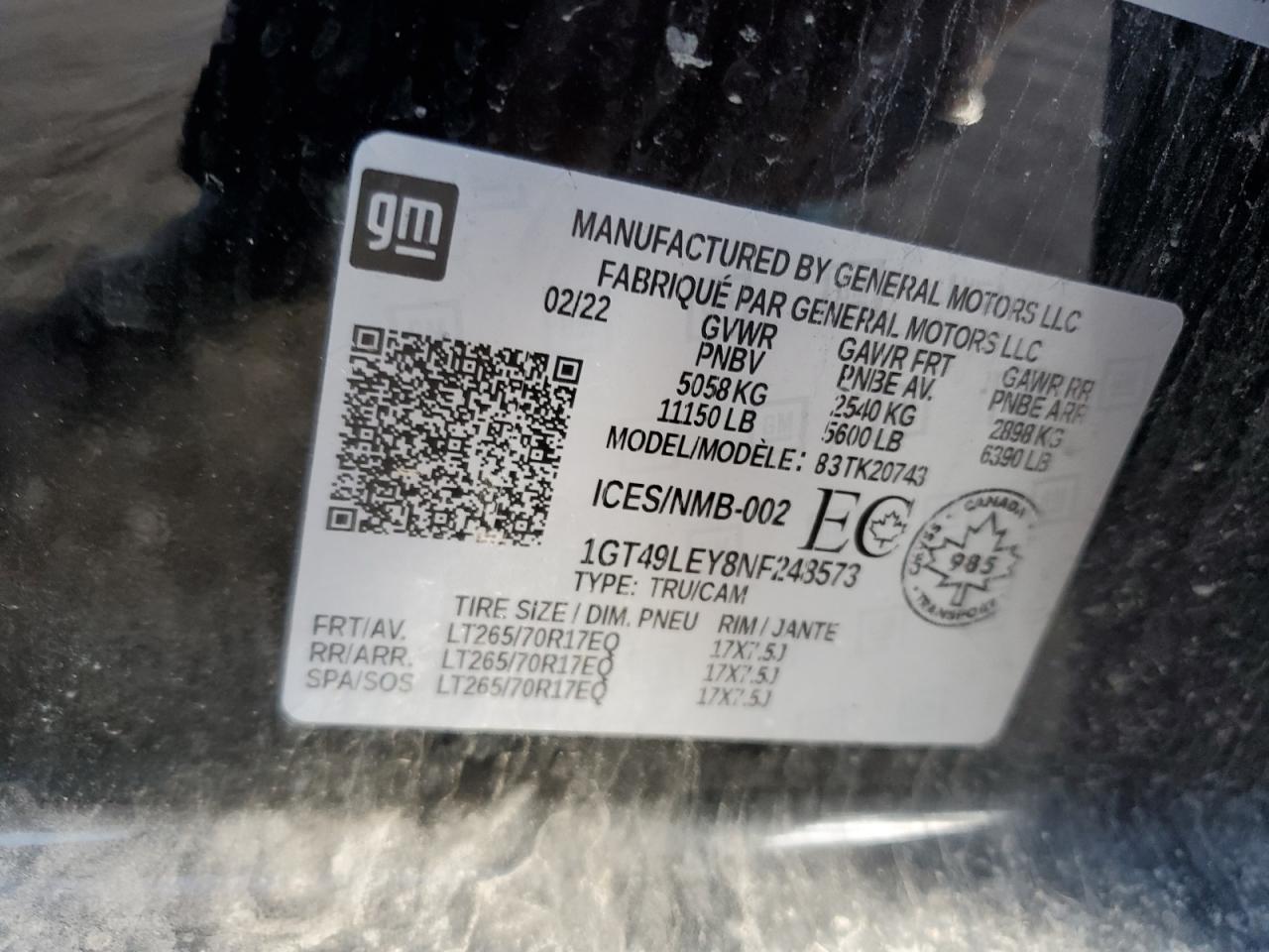2022 GMC SIERRA K2500 HEAVY DUTY VIN:1GT49LEY8NF248573