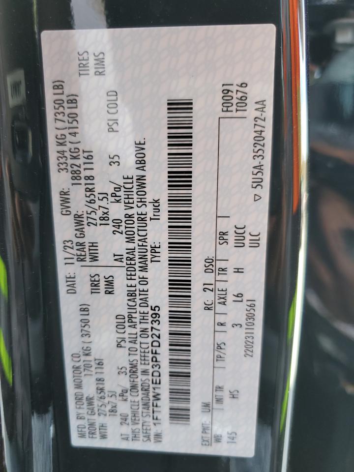 2023 FORD F150 SUPERCREW VIN:1FTFW1ED3PFD27395